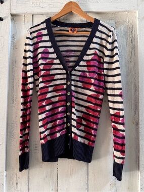 Tory Burch linen sweater navy Pink Floral Striped V-Neck sweater S M